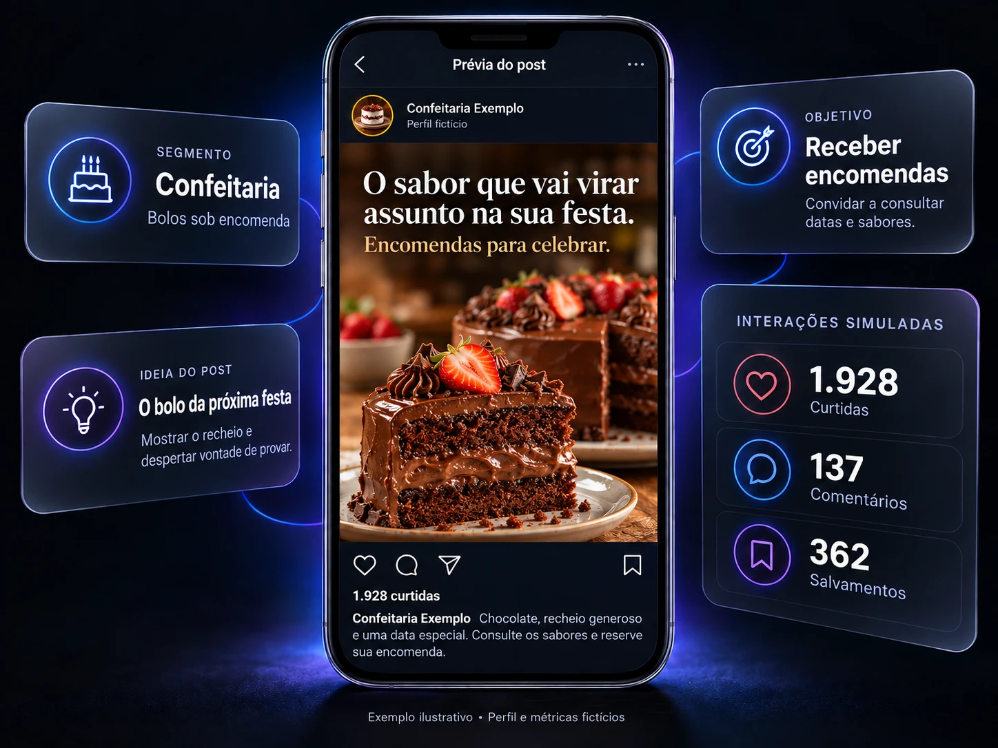 Exemplo de post para confeitaria de bolos sob encomenda: "O sabor que vai virar assunto na sua festa."