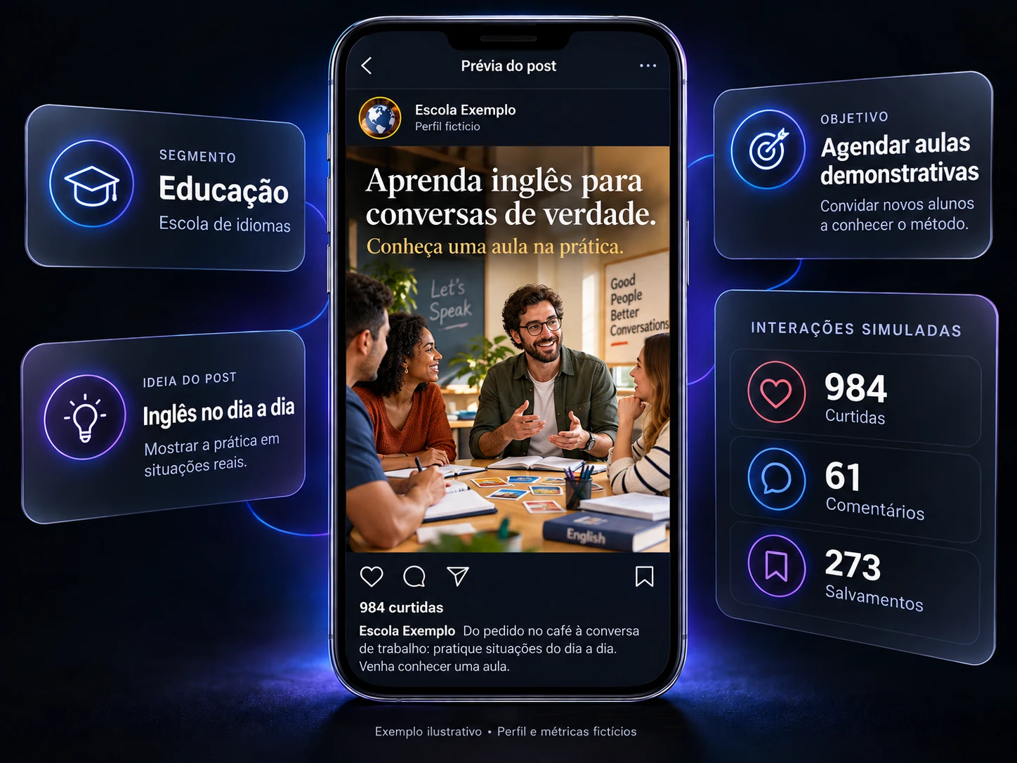 Exemplo de post para escola de idiomas: "Aprenda inglês para conversas de verdade."