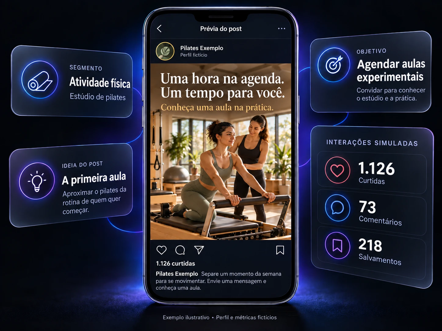 Exemplo de post para estúdio de pilates: "Uma hora na agenda. Um tempo para você."